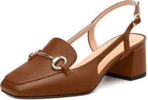 Womens Slingback Pumps, Square Toe Mid Block Heel Slingbacks for Women, Chunky Heel Pumps with Metal Buckle 2"