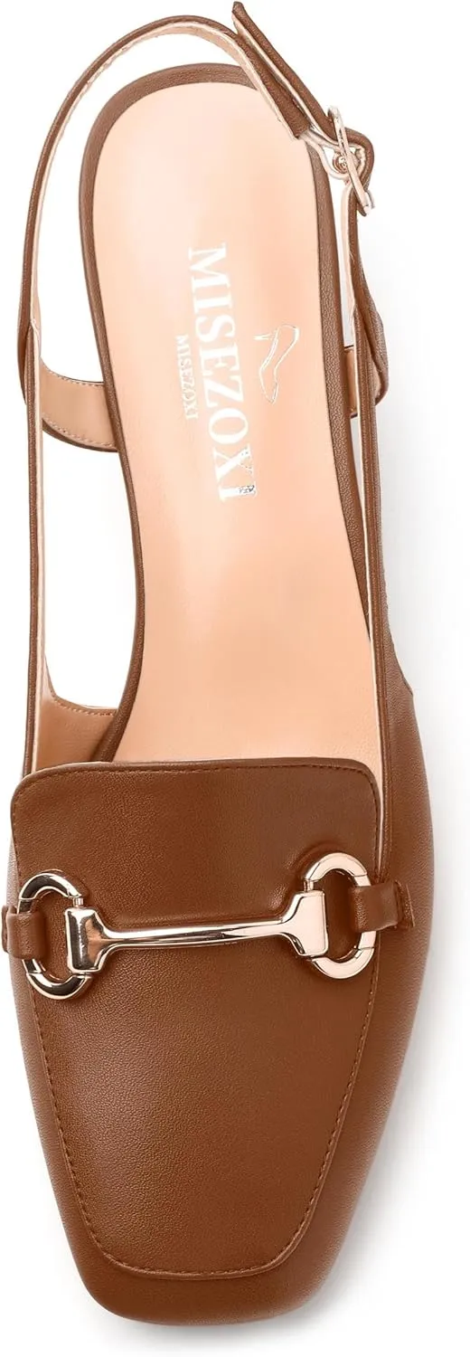 Womens Slingback Pumps, Square Toe Mid Block Heel Slingbacks for Women, Chunky Heel Pumps with Metal Buckle 2"