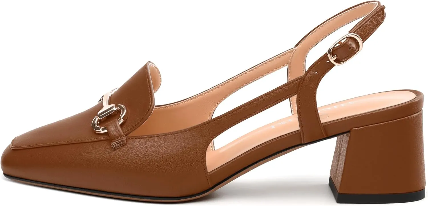 Womens Slingback Pumps, Square Toe Mid Block Heel Slingbacks for Women, Chunky Heel Pumps with Metal Buckle 2"