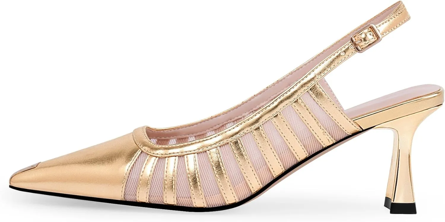 Women's Slingbacks Kitten Heel Closed Toe Pumps Air Mesh Dress Shoes