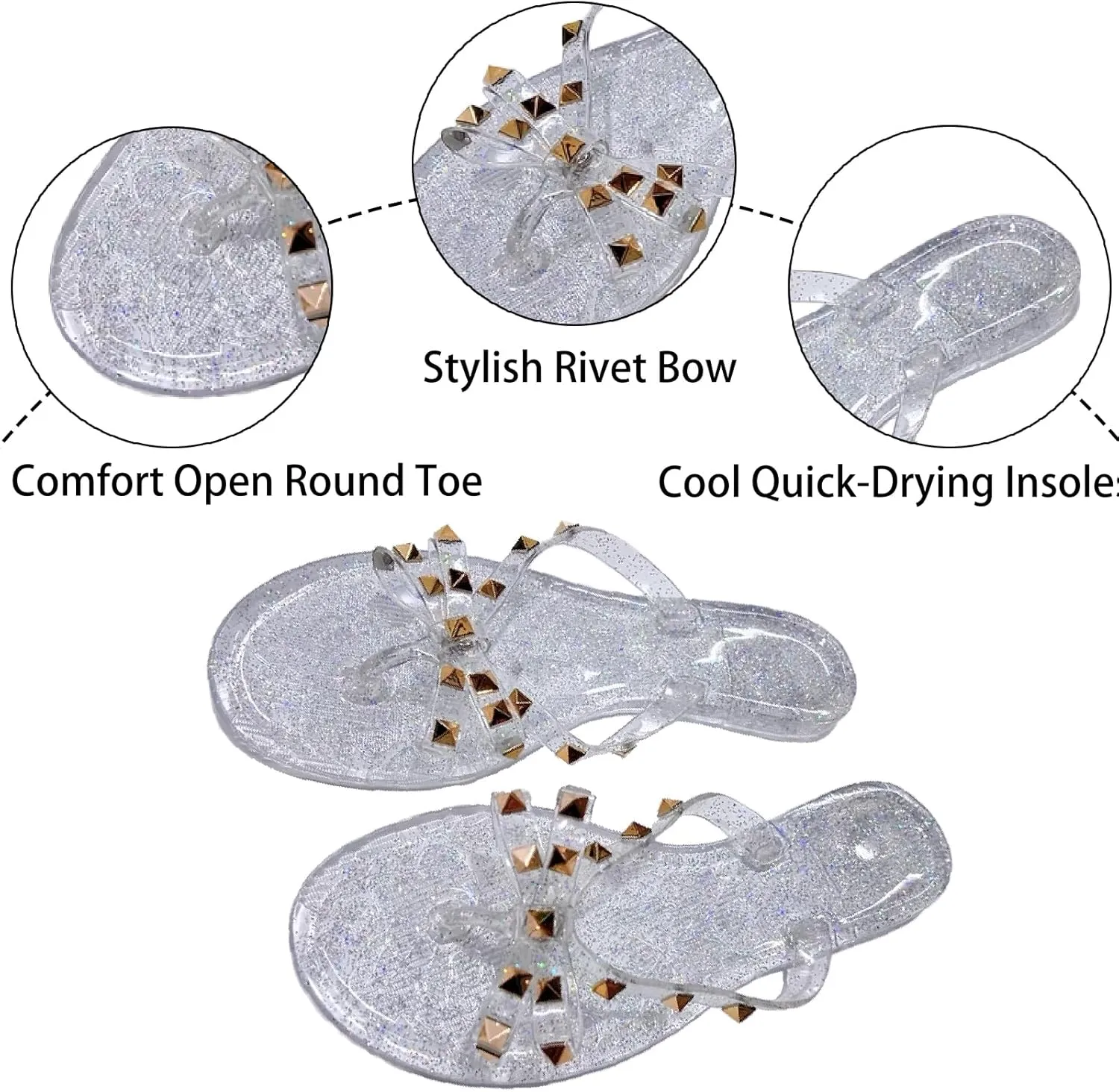 Women's Studded Bow Jelly Flat Flip Flops Fashion Comfort Open Round Toe Slip On Thong Slipper Sandals With Rivets for Summer Outdoor Beach Pool