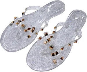 Women's Studded Bow Jelly Flat Flip Flops Fashion Comfort Open Round Toe Slip On Thong Slipper Sandals With Rivets for Summer Outdoor Beach Pool