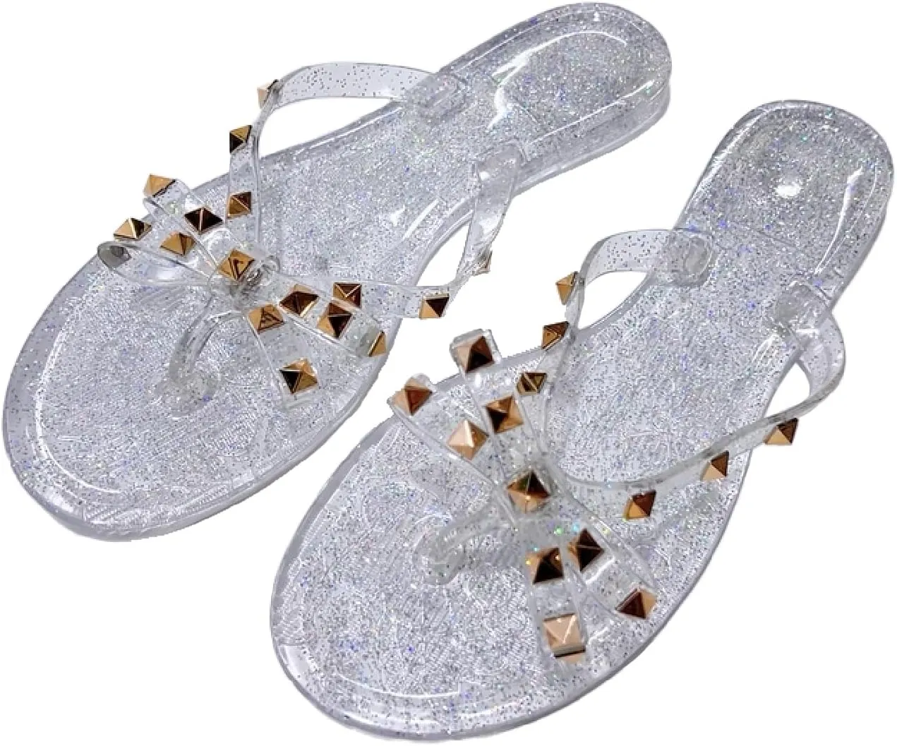 Women's Studded Bow Jelly Flat Flip Flops Fashion Comfort Open Round Toe Slip On Thong Slipper Sandals With Rivets for Summer Outdoor Beach Pool