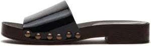 Women's Studded Slide Sandals Patent Leather Wooden Block Low Heel Vintage Slides Candy Color Beach Slippers for Summer