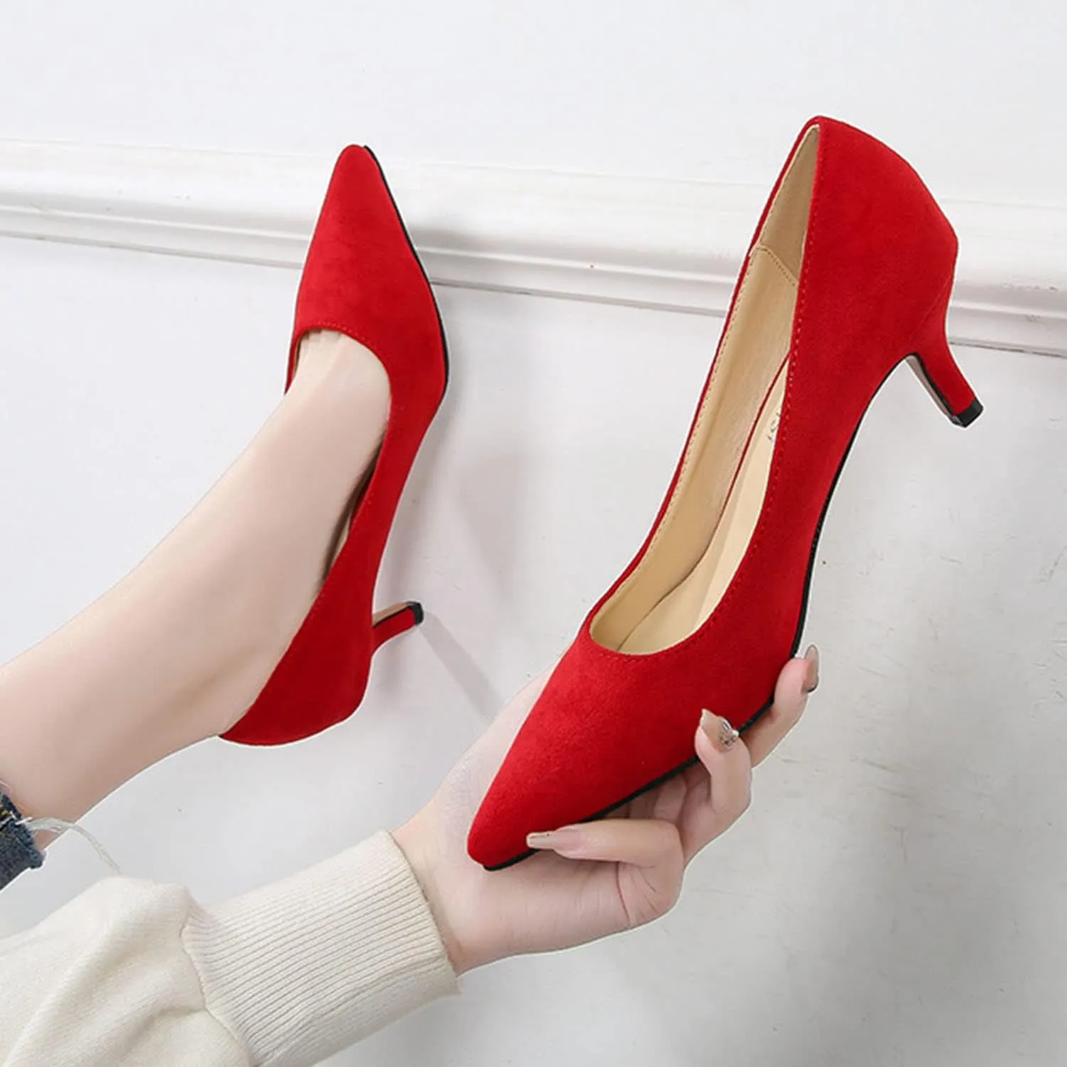 Women's Suede 1.96" Kitten Heel Pumps Pointed Toe Slip on Classic Low Heel Dress Comfort Office Daily Shoes Large Size 35-46