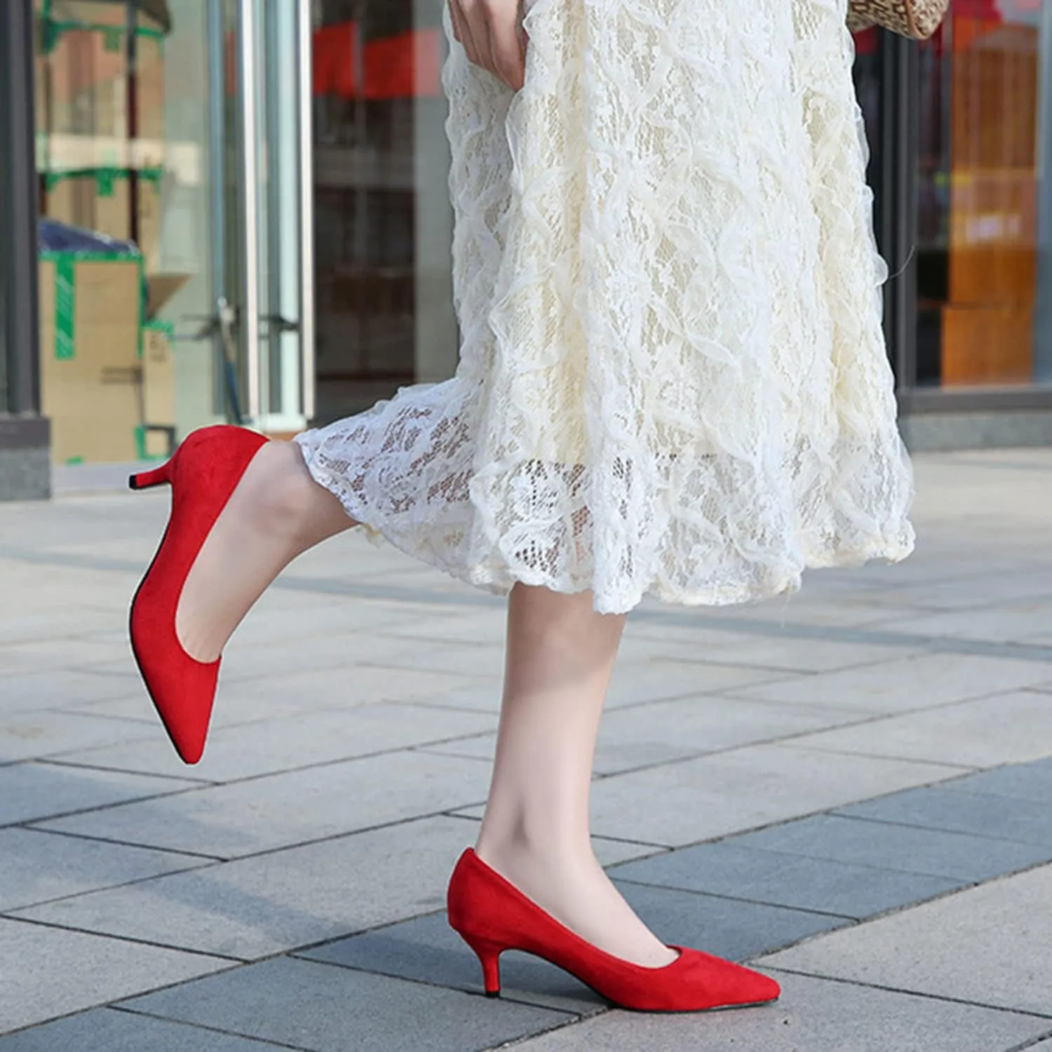 Women's Suede 1.96" Kitten Heel Pumps Pointed Toe Slip on Classic Low Heel Dress Comfort Office Daily Shoes Large Size 35-46