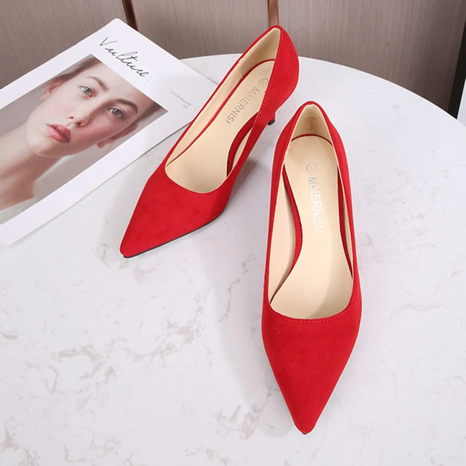 Women's Suede 1.96" Kitten Heel Pumps Pointed Toe Slip on Classic Low Heel Dress Comfort Office Daily Shoes Large Size 35-46