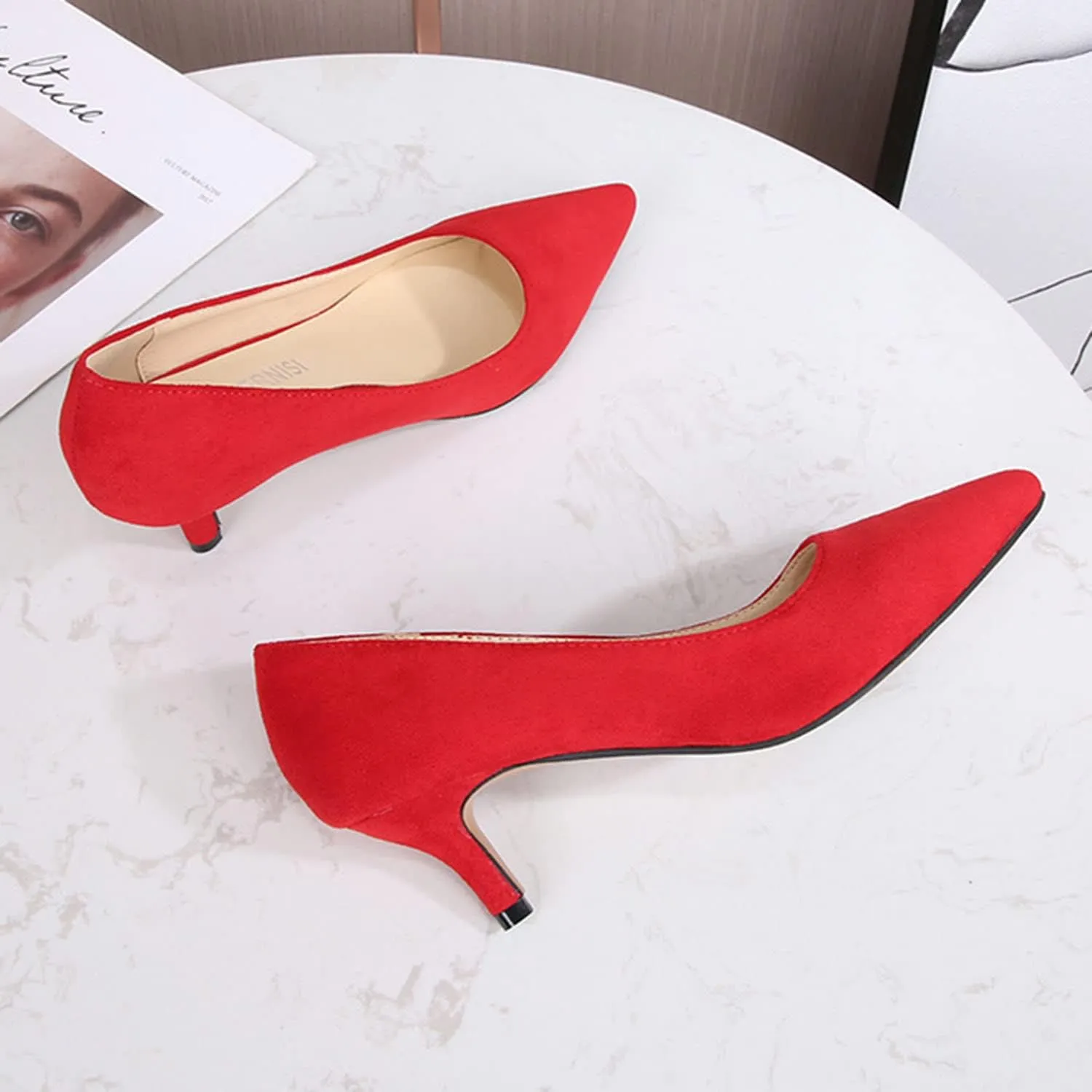 Women's Suede 1.96" Kitten Heel Pumps Pointed Toe Slip on Classic Low Heel Dress Comfort Office Daily Shoes Large Size 35-46