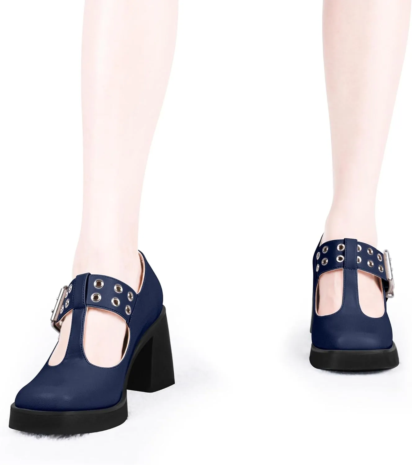 Women's T-Strap Platform Block Heel Mary Janes Pumps Square Toe Buckle Punk Dress Shoes