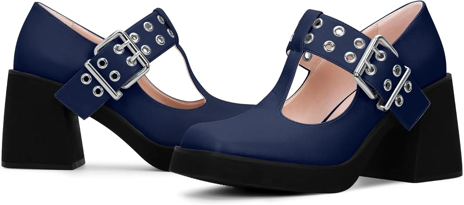 Women's T-Strap Platform Block Heel Mary Janes Pumps Square Toe Buckle Punk Dress Shoes