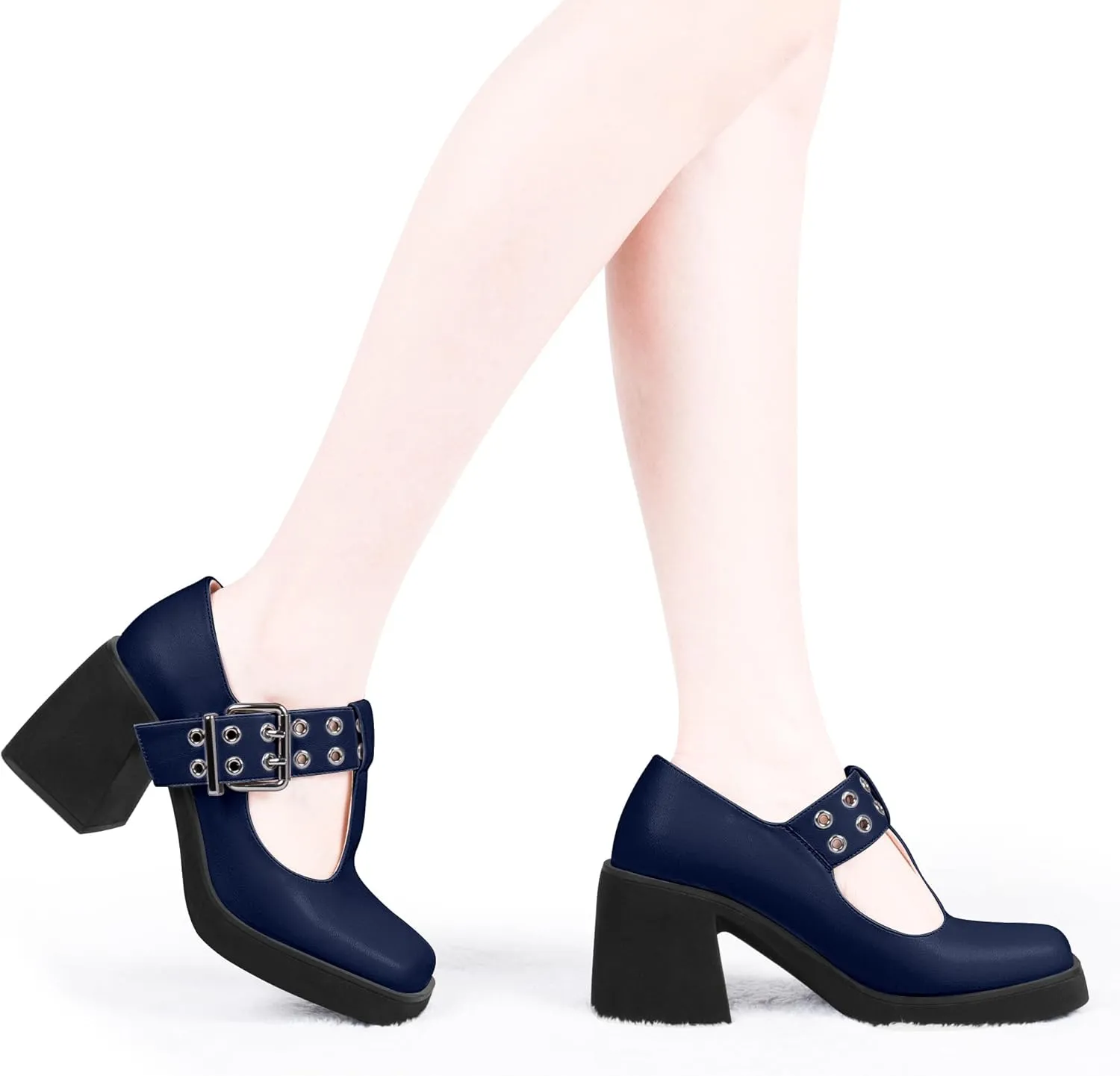 Women's T-Strap Platform Block Heel Mary Janes Pumps Square Toe Buckle Punk Dress Shoes