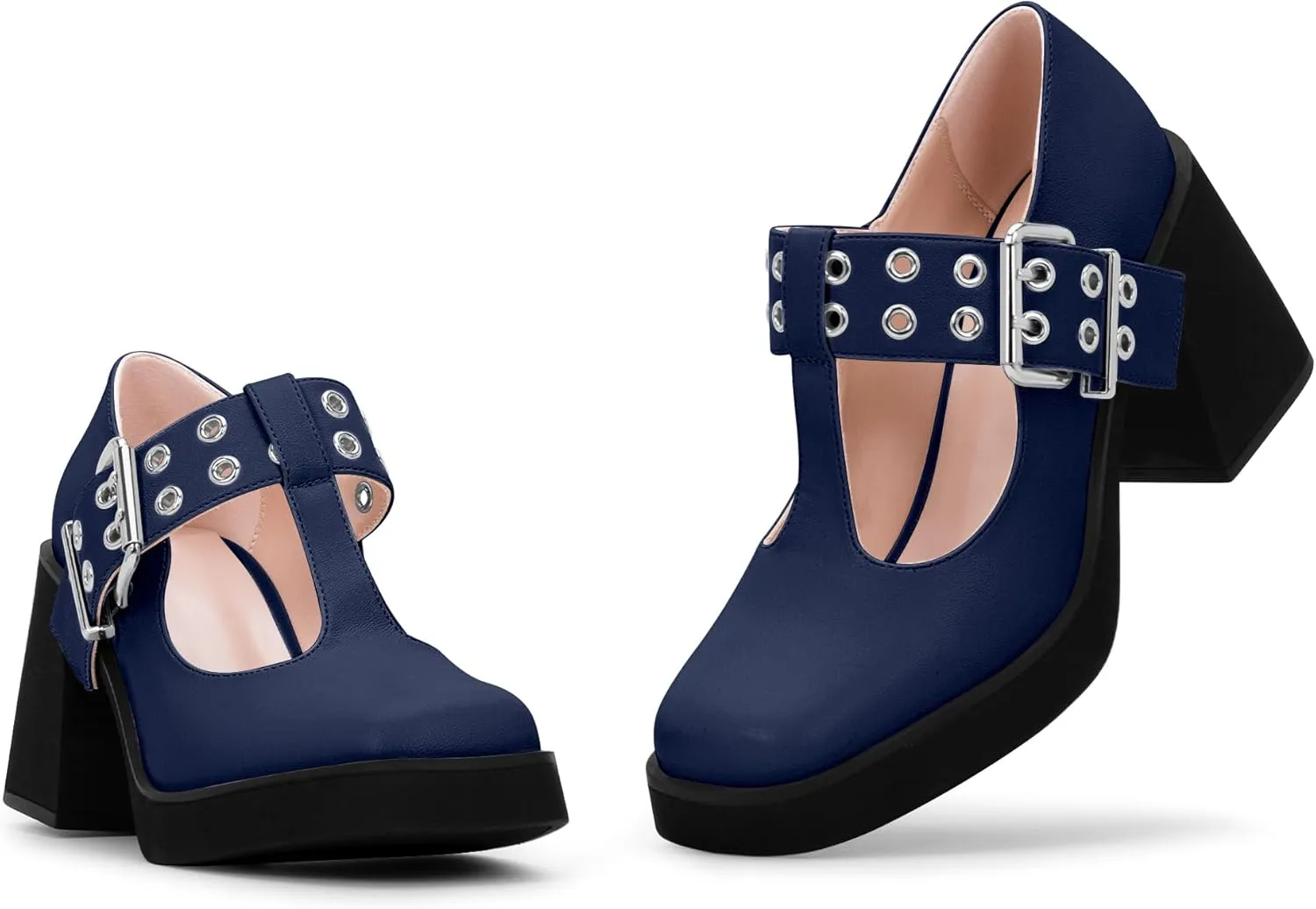 Women's T-Strap Platform Block Heel Mary Janes Pumps Square Toe Buckle Punk Dress Shoes