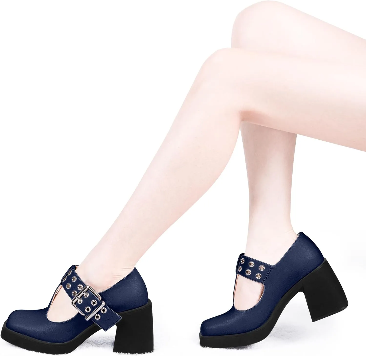 Women's T-Strap Platform Block Heel Mary Janes Pumps Square Toe Buckle Punk Dress Shoes