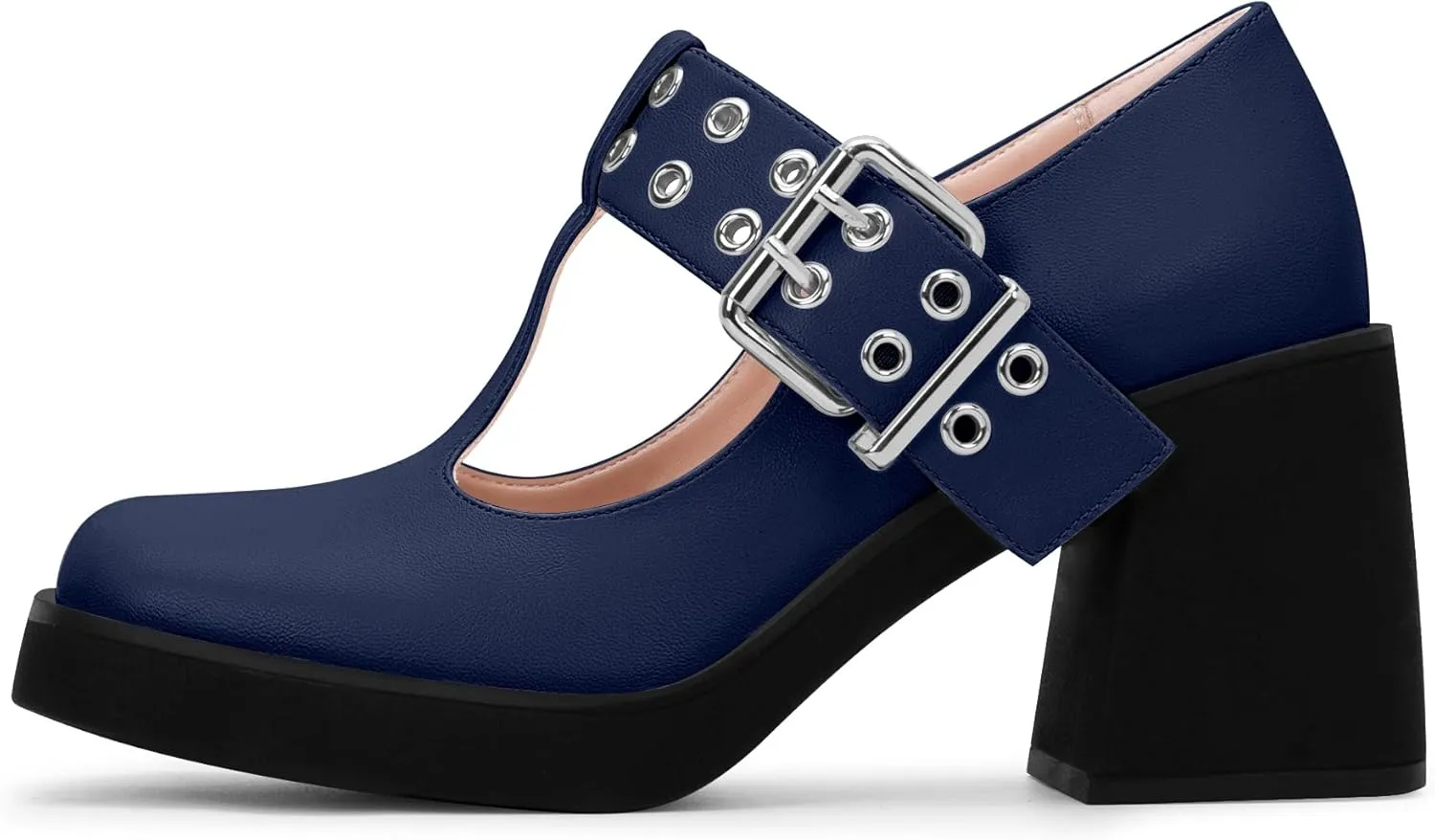 Women's T-Strap Platform Block Heel Mary Janes Pumps Square Toe Buckle Punk Dress Shoes