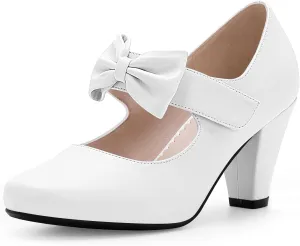 Women's Vintage Bow Round Toe Block High Heel Ankle Strap Cute Mary Janes Pumps