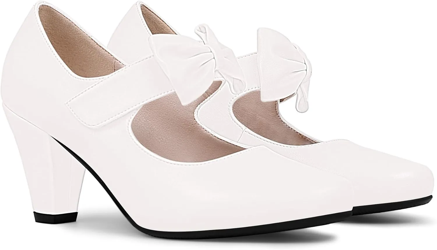 Women's Vintage Bow Round Toe Block High Heel Ankle Strap Cute Mary Janes Pumps