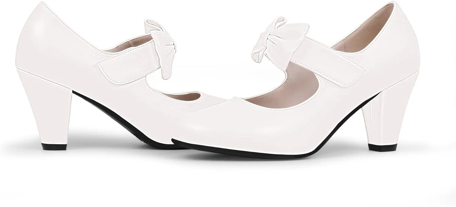 Women's Vintage Bow Round Toe Block High Heel Ankle Strap Cute Mary Janes Pumps