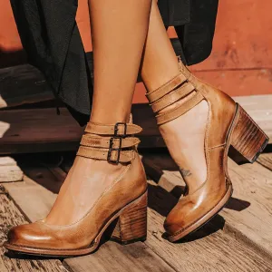Women's Vintage Closed Round Toe Pumps Chunky Heel Ankle Strap Pumps Block Heel Mary Jane Shoes with Adjustable Buckles Wedding Party Dress Shoes，5，Brown