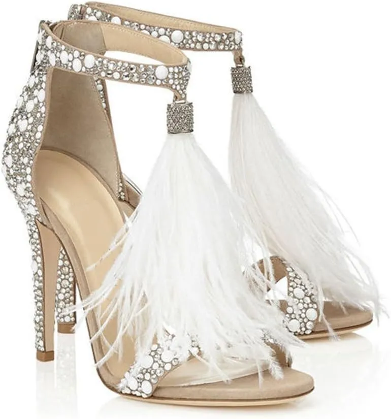 Women's Wedding Dress Party & Evening Embellished Feather Stiletto Heel Pearl Rhinestones Tassel