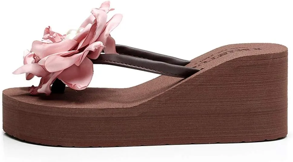 Women's Wedge High Heel Flower Flipflops Trendy Summer Platform Comfort Nonslip Beach Thong Sandals