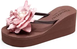 Women's Wedge High Heel Flower Flipflops Trendy Summer Platform Comfort Nonslip Beach Thong Sandals