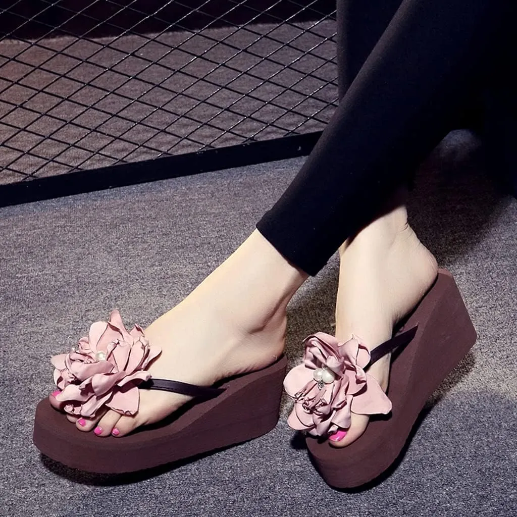 Women's Wedge High Heel Flower Flipflops Trendy Summer Platform Comfort Nonslip Beach Thong Sandals