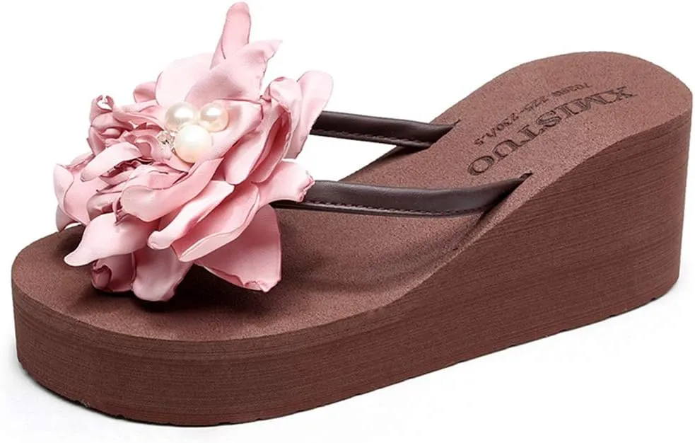 Women's Wedge High Heel Flower Flipflops Trendy Summer Platform Comfort Nonslip Beach Thong Sandals