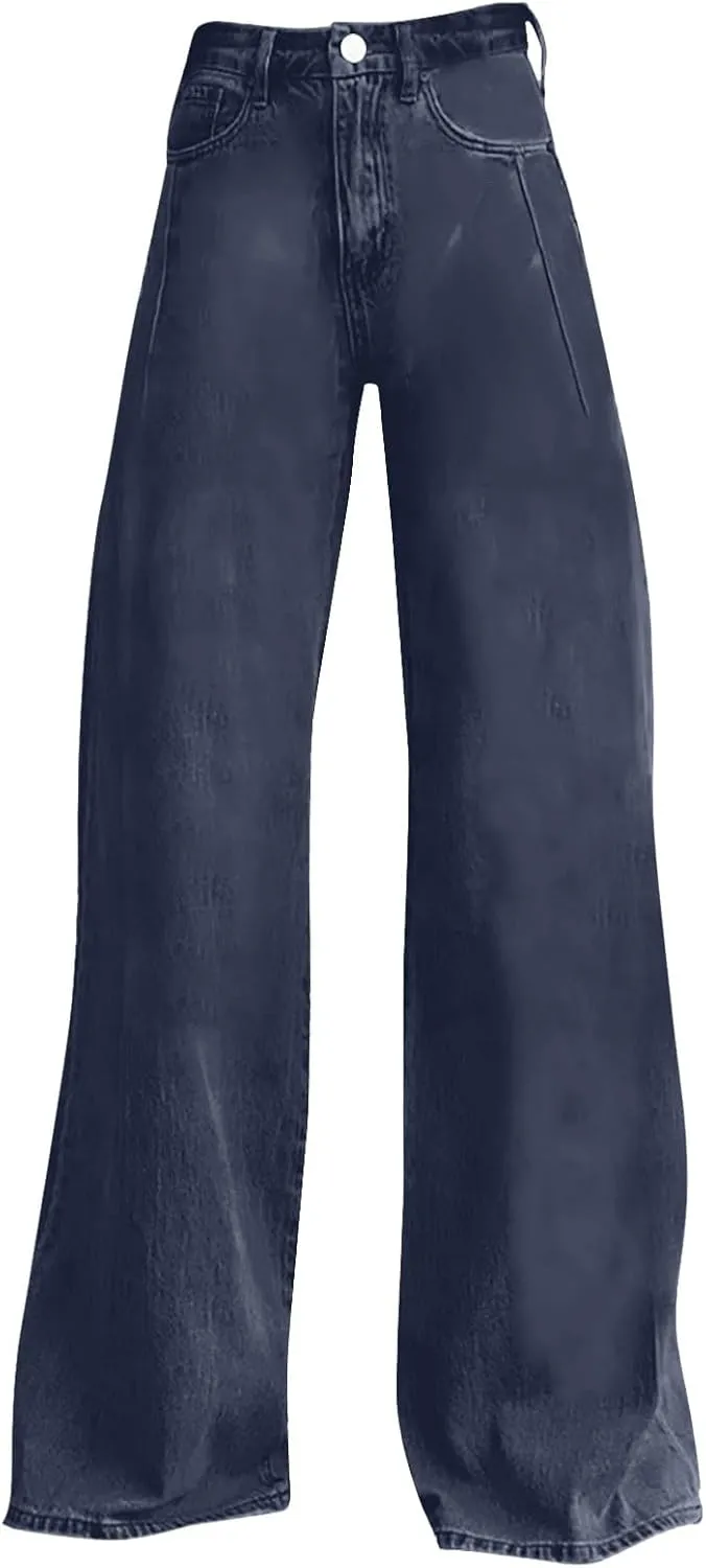 Women's Wide Leg Jeans Casual Loose Solid Color High Waisted Flare Baggy Jean Stretch Denim Pants