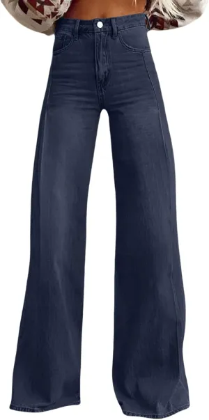 Women's Wide Leg Jeans Casual Loose Solid Color High Waisted Flare Baggy Jean Stretch Denim Pants