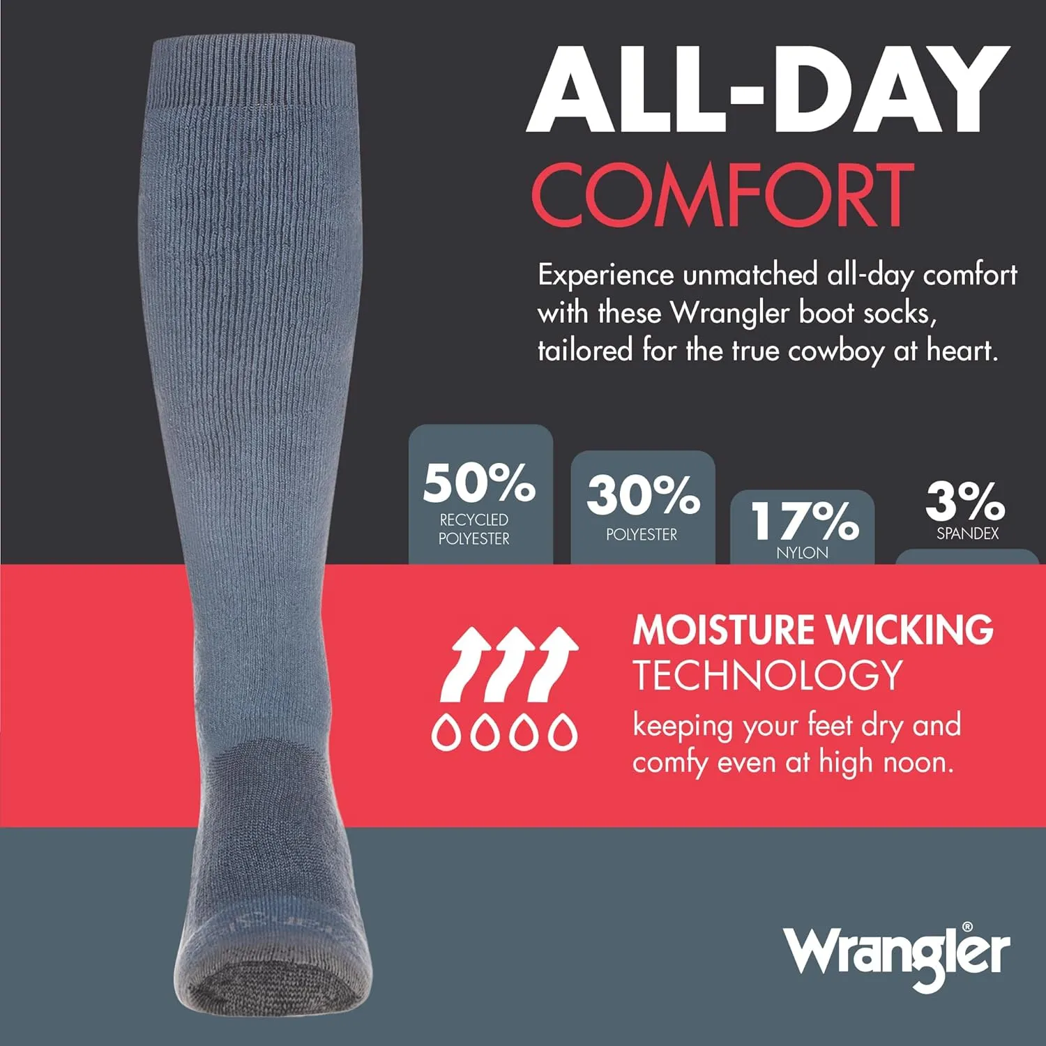 Wrangler Ryder Western Cowboy Boot Socks for Men - Over Calf, Cushioned Sole, Moisture-Wicking, Durable Design