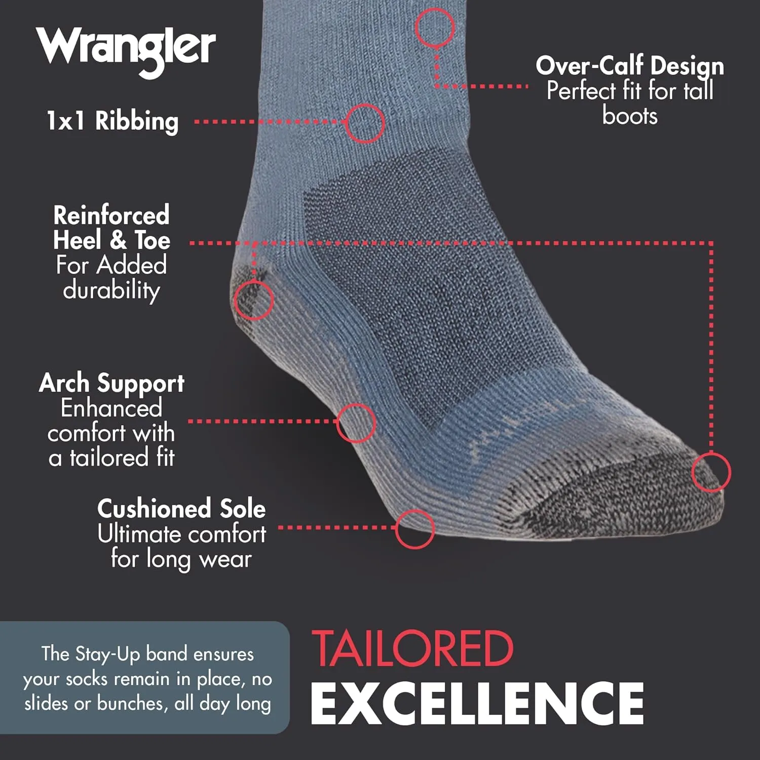 Wrangler Ryder Western Cowboy Boot Socks for Men - Over Calf, Cushioned Sole, Moisture-Wicking, Durable Design