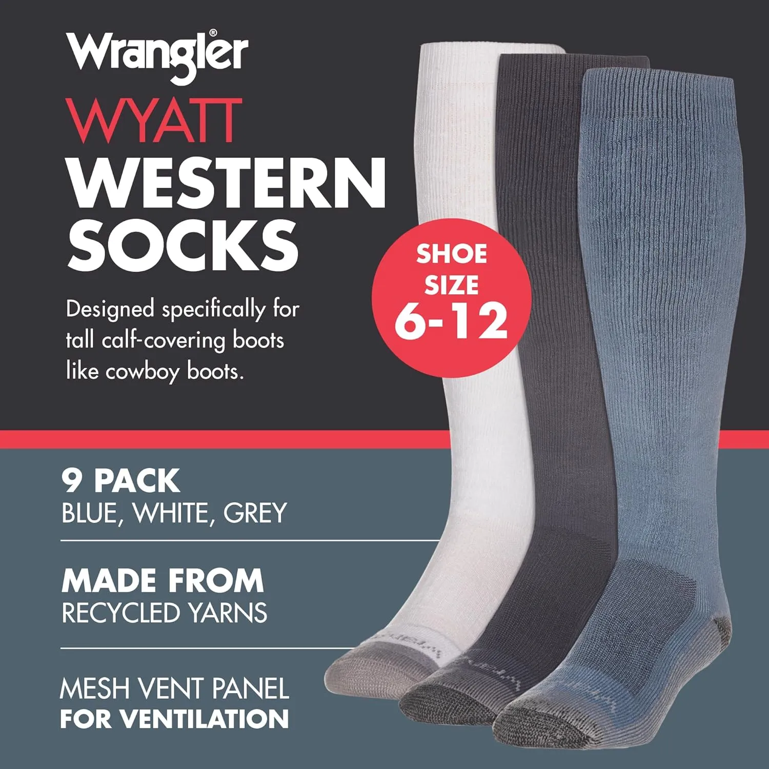 Wrangler Ryder Western Cowboy Boot Socks for Men - Over Calf, Cushioned Sole, Moisture-Wicking, Durable Design