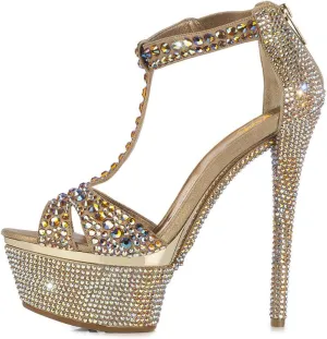 XYD Women Bejeweled Sandal Open Toe T-Strap Platform Rhinestones Stiletto High Heels with Zipper Multicolor Crystals Prom Event Shoes