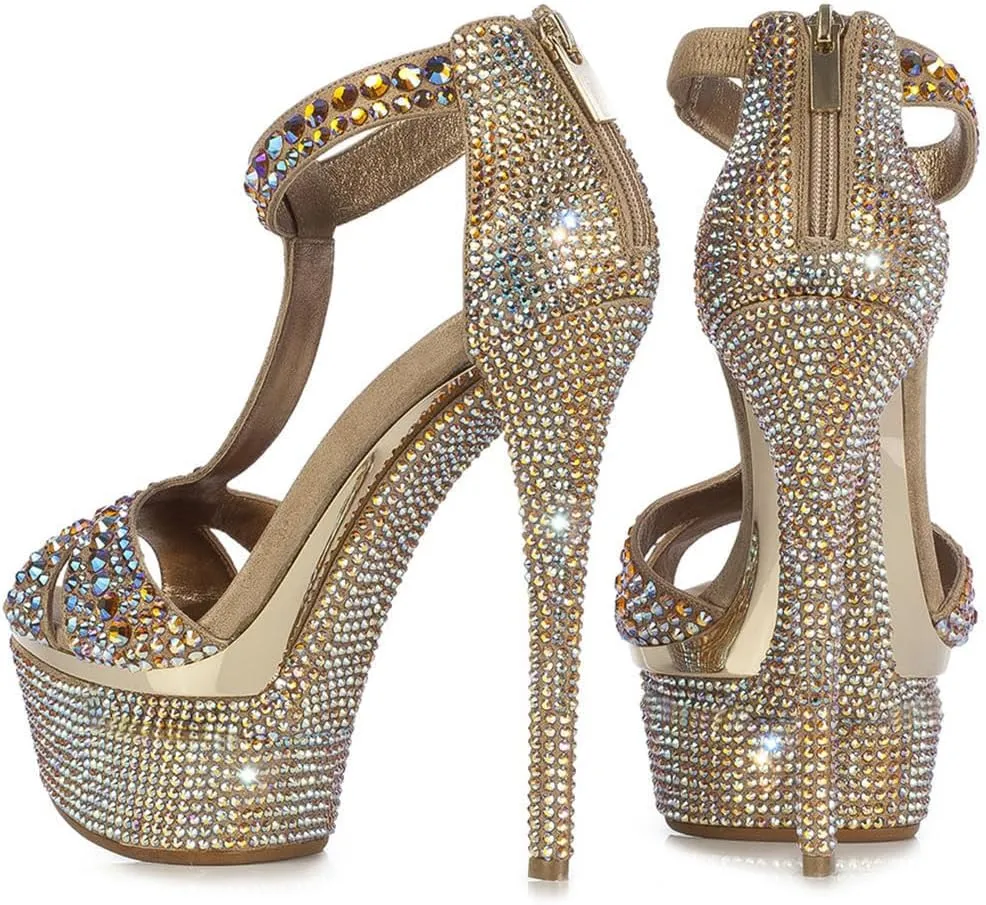 XYD Women Bejeweled Sandal Open Toe T-Strap Platform Rhinestones Stiletto High Heels with Zipper Multicolor Crystals Prom Event Shoes