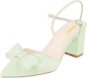 XYD Women Block Chunky Mid Heels Sparkling Ankle Strap Wedding Bowknot Pumps Pointed Toe Dress Shoes