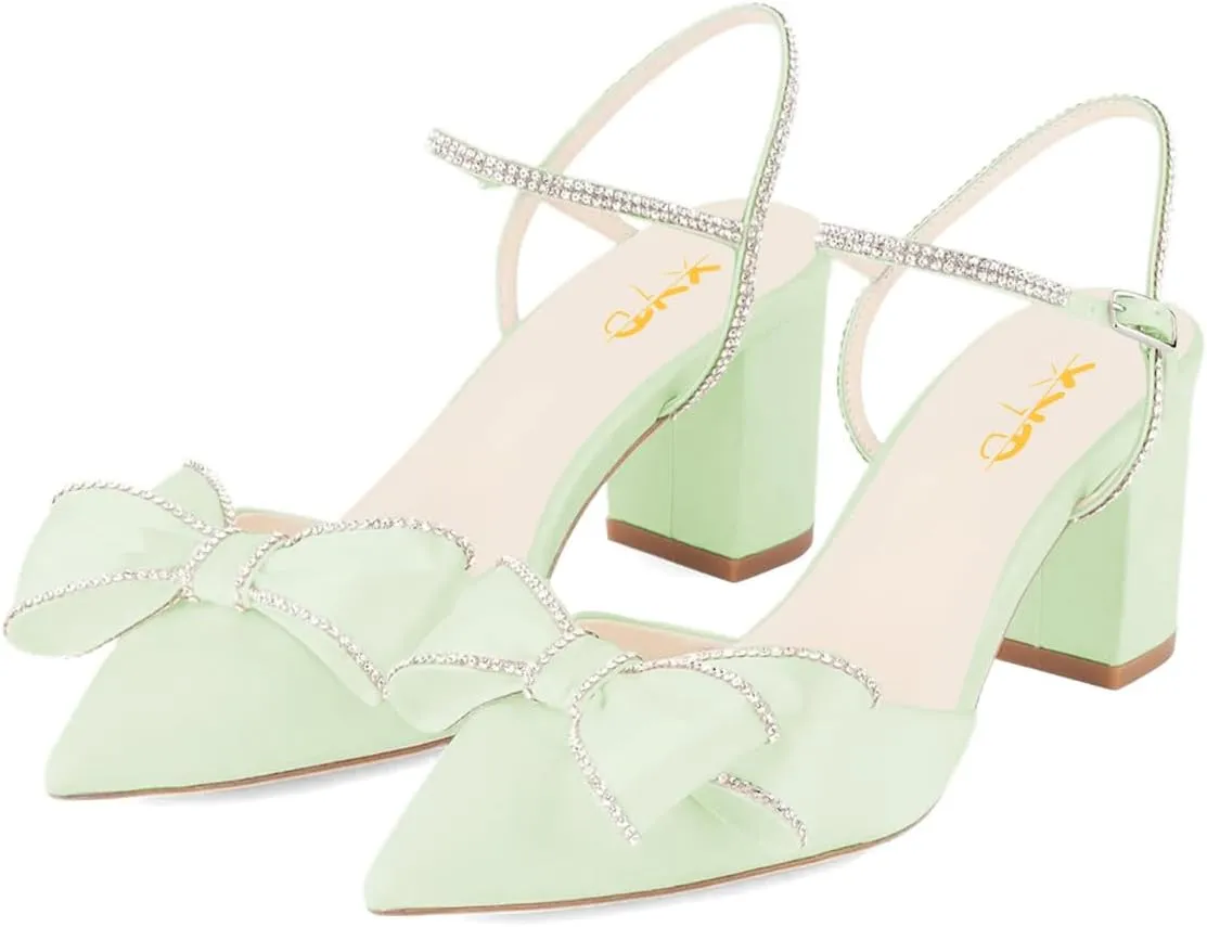 XYD Women Block Chunky Mid Heels Sparkling Ankle Strap Wedding Bowknot Pumps Pointed Toe Dress Shoes