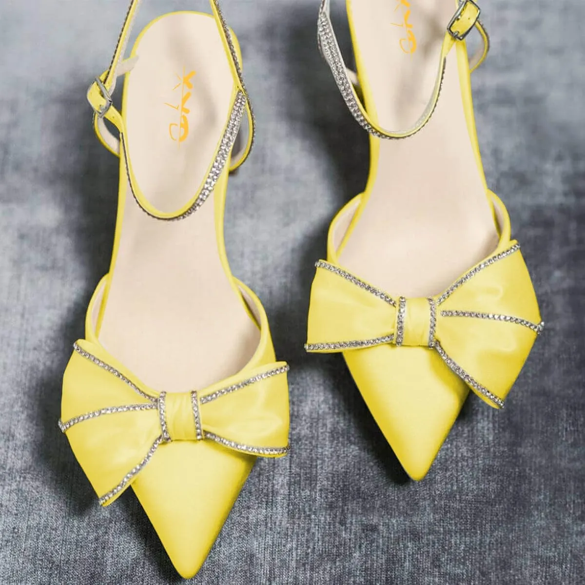 XYD Women Block Chunky Mid Heels Sparkling Ankle Strap Wedding Bowknot Pumps Pointed Toe Dress Shoes