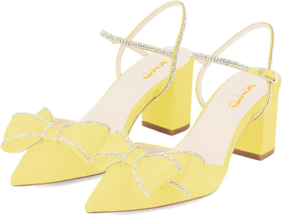 XYD Women Block Chunky Mid Heels Sparkling Ankle Strap Wedding Bowknot Pumps Pointed Toe Dress Shoes