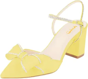 XYD Women Block Chunky Mid Heels Sparkling Ankle Strap Wedding Bowknot Pumps Pointed Toe Dress Shoes