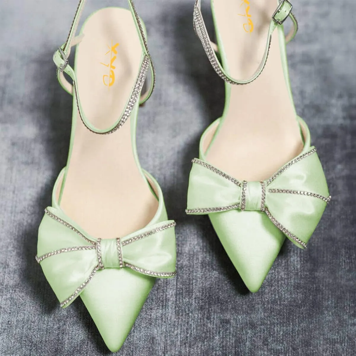 XYD Women Block Chunky Mid Heels Sparkling Ankle Strap Wedding Bowknot Pumps Pointed Toe Dress Shoes