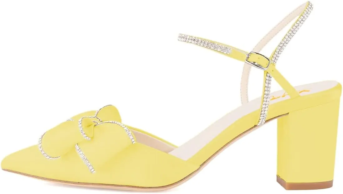 XYD Women Block Chunky Mid Heels Sparkling Ankle Strap Wedding Bowknot Pumps Pointed Toe Dress Shoes