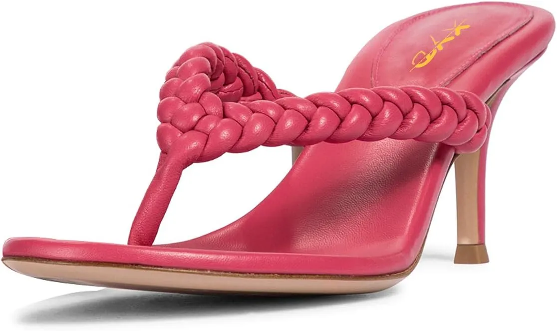 XYD Women Braided Strap Flip Fliops Almond Open Toe Thin Mid Heel Sandals Summer Chic Slip-on Thong Dress Shoes
