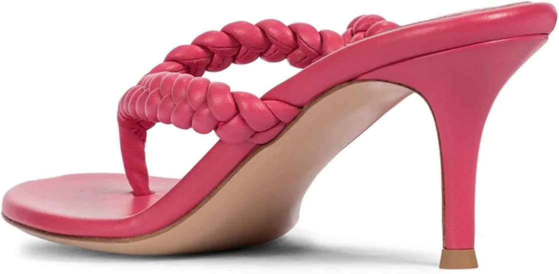 XYD Women Braided Strap Flip Fliops Almond Open Toe Thin Mid Heel Sandals Summer Chic Slip-on Thong Dress Shoes