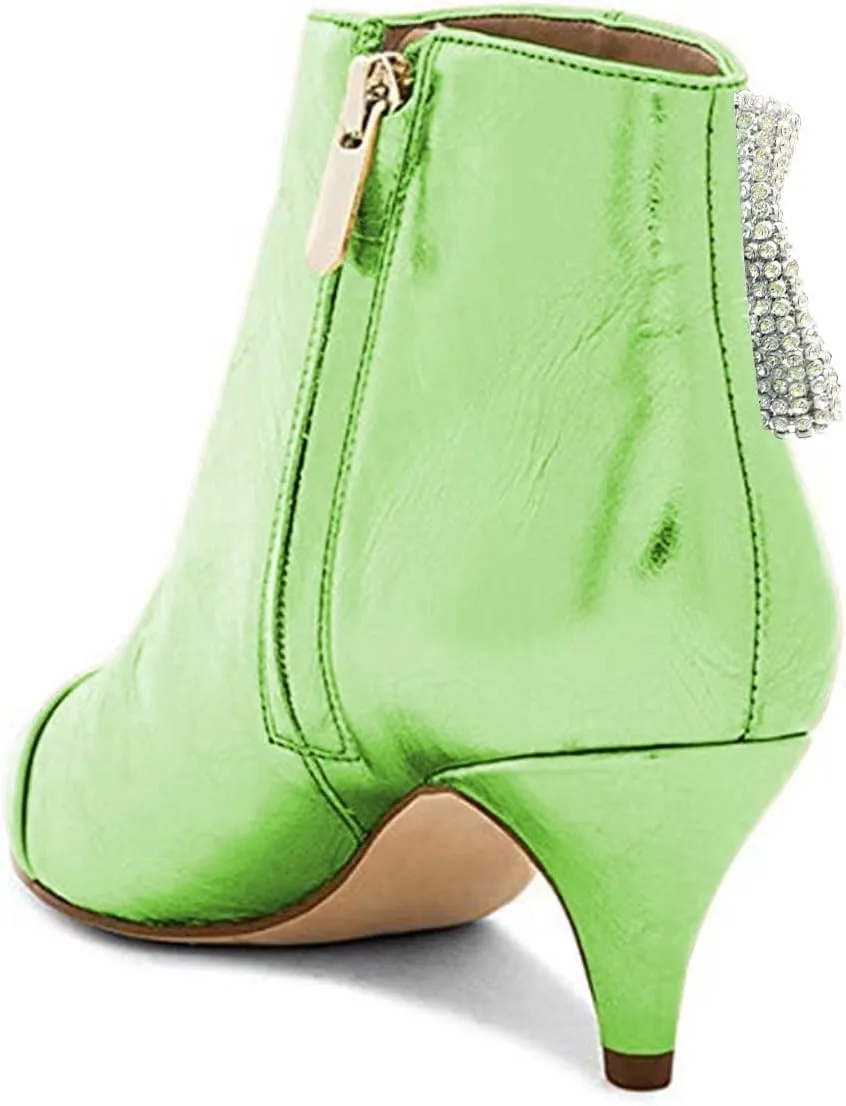 XYD Women Chic Low Kitten Heels Ankle Boots with Side Crystal Bowknot Pointed Cap Toe Zip Up Dress Booties Shoes