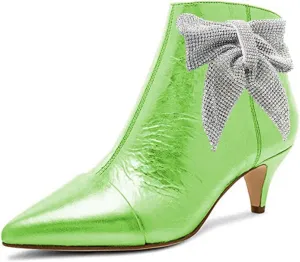 XYD Women Chic Low Kitten Heels Ankle Boots with Side Crystal Bowknot Pointed Cap Toe Zip Up Dress Booties Shoes