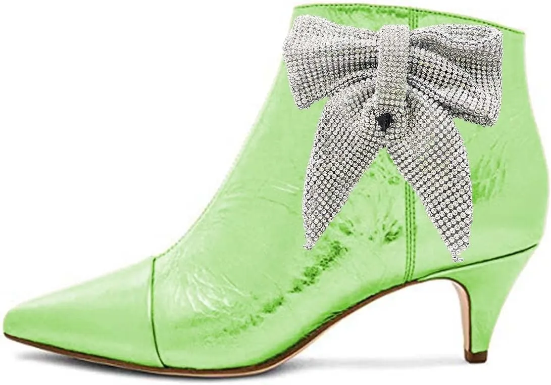 XYD Women Chic Low Kitten Heels Ankle Boots with Side Crystal Bowknot Pointed Cap Toe Zip Up Dress Booties Shoes