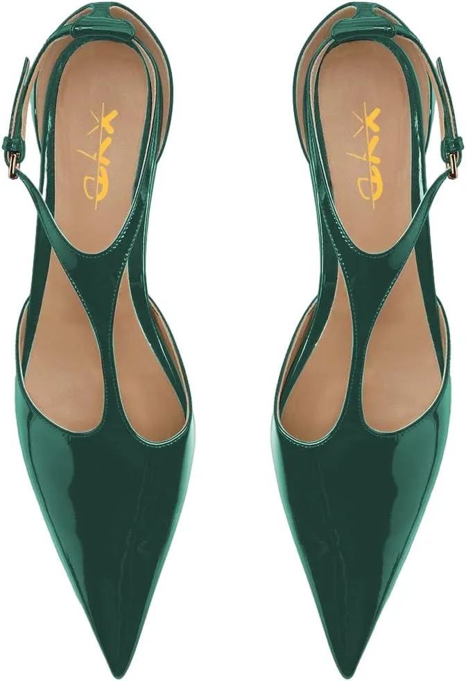 XYD Women Chic Pointed Closed Toe Flats Sleek Low Heel Chunky Slender T-Strap with Buckle Dress Party Casual Shoes