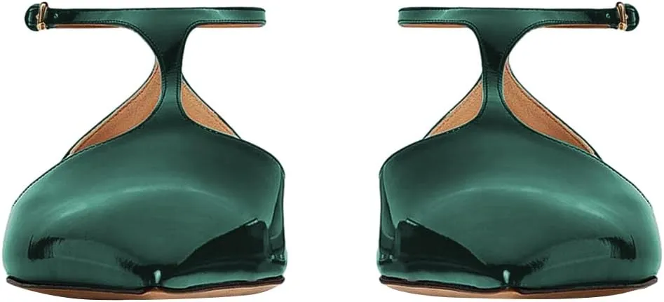 XYD Women Chic Pointed Closed Toe Flats Sleek Low Heel Chunky Slender T-Strap with Buckle Dress Party Casual Shoes