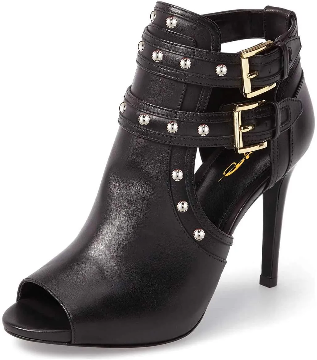 XYD Women Chic Studs Peep Toe Ankle Bootie High Heel Pumps Buckled Double Straps Cutout Fashion Party Shoes