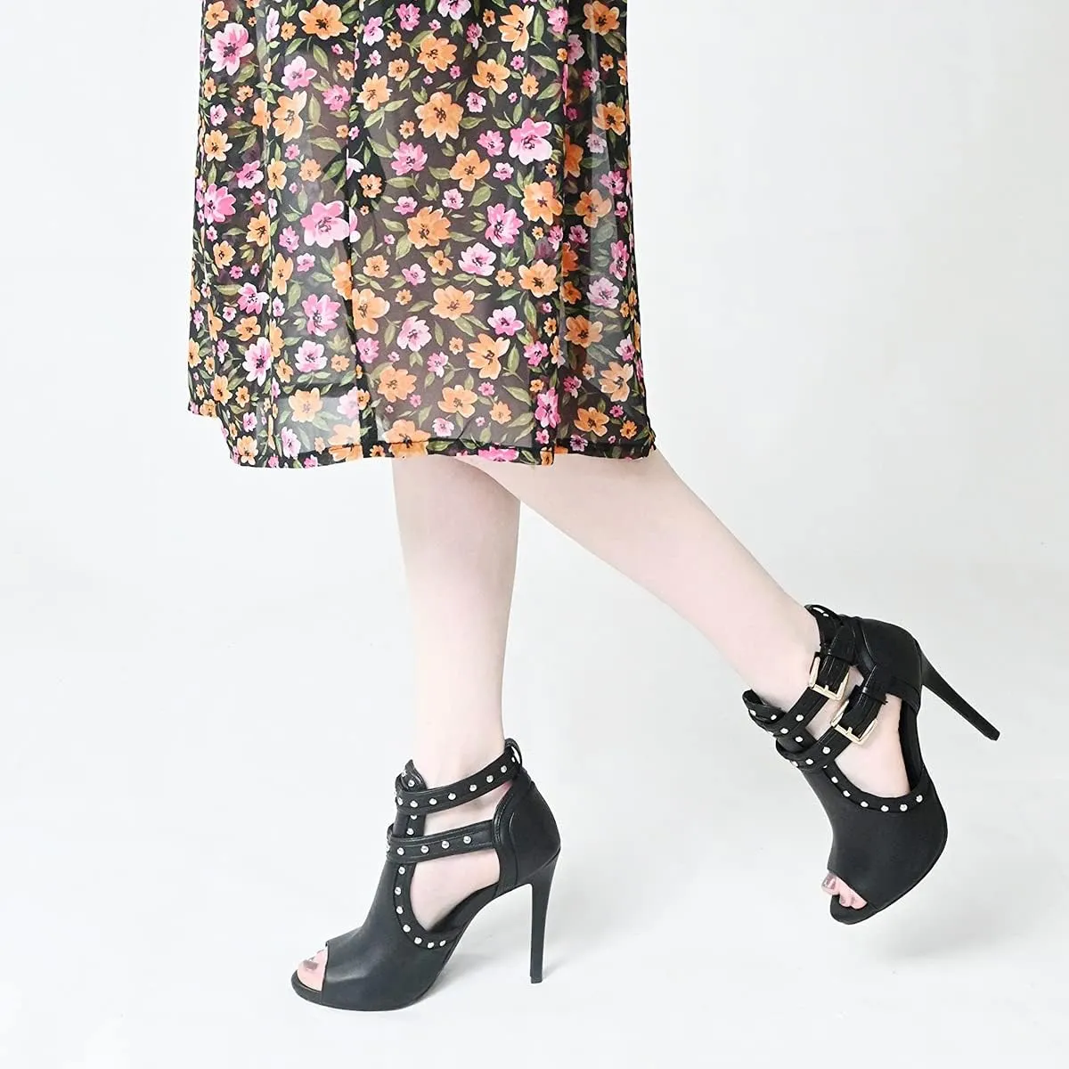 XYD Women Chic Studs Peep Toe Ankle Bootie High Heel Pumps Buckled Double Straps Cutout Fashion Party Shoes